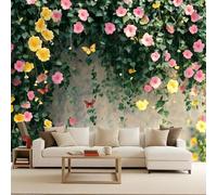 Wall Murals Plants Photo Wallpaper for Living Room Pink Yellow Flowers Non-Woven 500x280cm Mural Panoramic Large Photo Paper Wall Murals Butterfly for Bedrooms Eco-Friendly Decoration