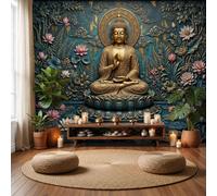 Wall Murals Retro Lotus Pond Buddha Art Large Photo Wallpaper | Buddha Lotus Flower Auspicious Clouds Art Wall Stickers XXL Poster Picture Home Decoration for Living Room, Bedroom, Meditation Areas