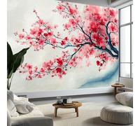 Wall Murals Watercolor Japanese Cherry Blossom Tree Non-Woven Photo Wallpaper, Light Gray Wall Mural Decorative for Living Room Bedroom Bathroom Photo Wallpaper 200 x 140 cm (W x H)