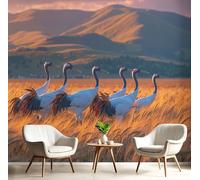 Wall Murals, Wheat Field Red-Crowned Cranes Landscape Animals Photo Wallpaper, 450x315cm Large Photo Wallpaper Golden Yellow Poster for Living Room Bedroom Restaurant Office Background Decorative