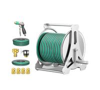 Wall or Floor Mounted Metal Hose Reel with 360° Rotatable Handle for Outdoor Storage in Yards, Patios, and Driveways