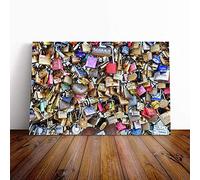 Wall Padlocks Lovers Pont des Arts Bridge Paris France (1) Canvas Print | Gallery Wrapped 30mm Frame Wall Art | 24x16 inches | Ready to Hang | Contemporary Cityscape Picture | Living Room Lounge