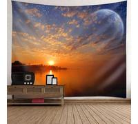 Wall Panels for Interior Wall Decor Lake Scene Tapestry Sunset Lake and Universe Pattern Orange Brown Blue Microfiber W82.7" x H55.1" (210X140CM)