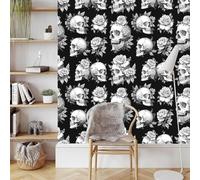 Wall Paper Black White Skull Flowers Self-Adhesive Removable Easy to Install Wipe Clean with a Damp Cloth Bedroom Decor Countertops Wardrobe Shelf Bathroom Sticky Back Plastic Wallpaper 60 cm x 5 m