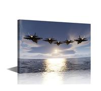 Wall Pictures for Living Room 1 Panels Modern Wall Art F35 Jets Flypast Formation Over the Ocean Low Attitude Flying Pictures Print On Canvas for Home Decorations, Ready to Hang, 24" Wx16 H