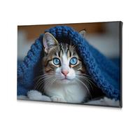 Wall Pictures For Living Room A Cat With Striking Blue Eyes Is Cozy Under A Blue Knitted Blanket. Canvas Decorative Picture Easter Decoration Decoraciones Para Cuartos(40x60cm)