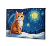 Wall Pictures For Living Room A Fluffy Orange Cat Sits On A Snowy Hill Under A Starry Sky With Swirling Galaxies. Canvas Decorative Picture Wall Art Easter Wall Decor(20x30cm)