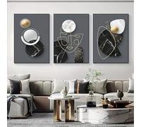 Wall Posters,Nordic Inspired Geometric Canvas Art Modern Black Grey Abstract Face Posters with Marble Texture, for Living Room Kitchen Decoration-60 * 70cm*3/(24 * 27inch*3) Unframed