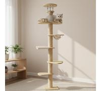 Wall protective Cat Tree, 140-300 cm Height Adjustable Cat Play Tower with Space Ship, Hammock, Guardrail Lookout and Sisal Rope Posts, Cat Climbing Frame for Indoor Wood color
