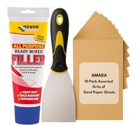 Wall Repair Bundle With All Purpose Filler 330g, 3 Inch Paint Scraper & 10 Pcs Sandpaper Sheets - Wall Filler Ready Mixed for Holes, White Wood Filler, Exterior Filler for Masonry, Ready Mixed Plaster