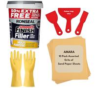 Wall Repair Kit Bundle with Ronseal Smooth Finish Filler Ready Mixed for Holes, Amara 3pcs Plastic Scraper, Sandpaper for Wood & Walls, Rubber Gloves - Ideal for Plaster & Wood Filler Jobs
