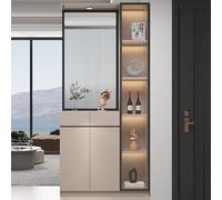 Wall Room Divider with Storage cabinet and Display Racks，Translucent Glass Screens Modern Home and Office Privacy Partition for Space Decoration(Milk coffee-D)