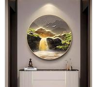 Wall Round Wall Hanging Art with Led Light, Large Decorative Metal Wall-Mounted Decor Framed, Landscape Painting Home Artwork Decoration, for Living Room Study Bedroom Decor