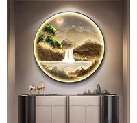 Wall Round Wall Hanging Art with Led Light, Large Decorative Metal Wall-Mounted Decor Framed, Landscape Painting Home Artwork Decoration, for Living Room Study Bedroom Decor