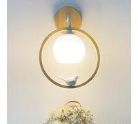 Wall Sconce Resin Bird Wood with Milk White Glass Shade Creative Ring Wall Light Fixture Hardwired E27 for Bedroom Living Room(Wood)