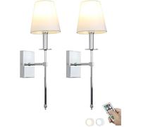 Wall Sconce, Wall Light Battery Operated Chrome Wall Sconce Set of 2 Not Hardwired Dimmable LED Bulb Battery Powered Wall Lights Fixture with Remote Fabric Shade Modern Wall Lamp f