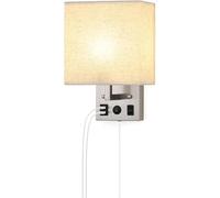 Wall Sconce Wall Sconces Bedside Wall Lamp, Plug in Wall Sconce with USB Charging Port and AC Outlet, Modern Black Brushed Nickel Wall Light with Plug in Cord Wall with White Fabri