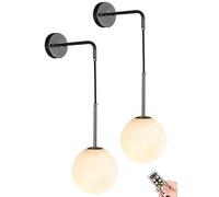 Wall Sconces Battery Operated Set of 2 with Remote,Indoor No Wiring Hanging Wall Lights Fixture,Modern Globe Glass Shade Gold Wall Lamp Timer Chandelier for Bedside Bedroom Vanity ( Color : Black )