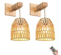 Wall Sconces, Battery Rechargeable Rattan Wicker, Remote Operated Dimmable Wireless Light for Bedroom, Hallway, Entryway - Set of 2