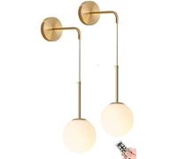 Wall Sconces Operated Set of 2 with Remote,Indoor No Wiring Hanging Wall Lights Fixture, Globe Glass Shade Gold Wall Lamp Timer Chandelier for Bedside Bedroom Vanity
