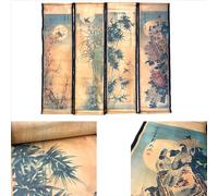 Wall Scroll Hanging Painting Decor, Chinese Traditional Art Set of 4 Vintage Flower Paintings Ancient Painting Replica, Plum Orchid Bamboo Chrysanthemum