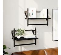 Wall Shelf Black 40x25x30cm Engineered Wood Metal Floating Shelves with Bar 2pcs