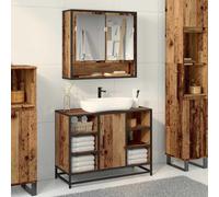 Wall Shelf Engineered Wood Old Wood 65x20x60cm Mirror 3 Shelves 2 Doors IndoorXL