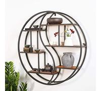 WALL SHELF Large Capacity Wall Shelf with 6 Tier Round Floating Shelves for Kitchen Bedroom Bathroom Living Room Black Metal and Wooden Storage Display Rack Unit