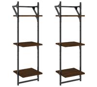 Wall Shelves 2 pcs Black Engineered Wood and Metal 30x25x100cm Floating Rack+Bar