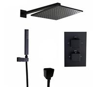 Wall Shower Fixture with Rainfall Shower Head and Handheld Head, High Flow Black Thermostatic Bathroom Shower Faucet Set Trim Kit with Mixer Valve,8inch