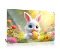 Wall Signs Painting Custom Tin Sign, Present Fade Resistant A Cute White Bunny Holding An Easter Egg In A Colorful Garden. For Home Kitchen | Preppy Vintage Decor For Patio Bar(20X30CM)