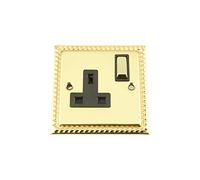 Wall Socket 1 Gang - Polished Mirror Brass Georgian - Black Insert - Metal Switch