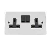 Wall Socket Double / 2 Gang - Polished Chrome Flat - Black Insert Plastic Switch - 13A Double Wall Plug Socket