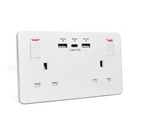 Wall Socket Double Switched with 2USB and 1 Type C Fast Charging,13 Amp 2 Gang White Electric Socket