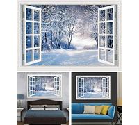 Wall Sticker 3D Fake Window View Winter Forest Tree and Snow Landscape Mural Wallpapers PVC Removable Decal Art Living Room Home Decoration