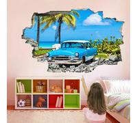 Wall Stickers 3D Smashed Murals Blue Car Removable Waterproof Vinyl Floor Decals Art Palm Tree for Bedroom Living Room Bathroom Door Kitchen Office Nursery Wall Decor 26" W x 18" H