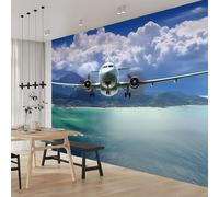 Wall Stickers Airplane Green Mountains Wallpaper Ocean White Clouds Wall Murals Photo Wallpaper Bedroom Living Rooms Decoration Poster 400 x 280 cm (W x H)
