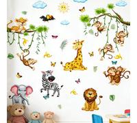 Wall Stickers Animals Large Includes Elephants Zebras Lions Giraffes and Monkeys, Animal Wall Stickers for Boys Bedroom Nursery Toddler Kids