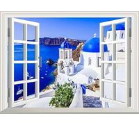 Wall Stickers Cracked DIY Mural Santorini 3D Effect Window View Wall Sticker Decal Poster Vinyl Mural Art Greece 80x120CM