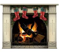 Wall stickers Fireplace With Burning Log Fire Holiday Wall Decal Decoration Firewoods Flames Photorealistic Art Poster (Medium 4 Christmas Stockings Sahara)