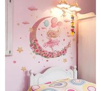 Wall Stickers for bedrooms, Girls Wall Stickers, Fairy Wall Sticker, Pink Flower Fairy Decals with Balloon Stars Clouds, Self-Adhesive Nursery Kids Room Wall Art, 70x60cm