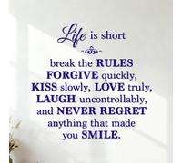 Wall Stickers Life is Short Break The Rules Forgive kiss Love Laugh Never Regret and Smile. 54.6x55.9cm Glass Stickers DarkBlue