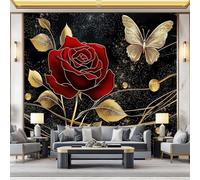 Wall Stickers Red Rose Wallpaper Golden Butterfly Leaves Wall Murals Photo Wallpaper Bedroom Living Rooms Decoration Poster 250 x 175 cm (W x H)