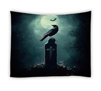 Wall Tapestries Halloween Black Crow Horror Graveyard Full Moon Spooky Bat Misty Gothic Theme Animal Garden Tapestry Lightweight Tapestry Aesthetic For Home Decor Room S