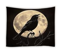 Wall Tapestries Halloween Black Crow On Branch Full Moon Horror Spooky Misty Gothic Theme Animal Wall Hanging Lightweight Garden Tapestry Aesthetic For Dorm Living M