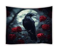Wall Tapestries Halloween Black Crow Red Roses Flower Full Moon Horror Black Tree Spooky Misty Gothic Animal Art Poster Aesthetic Tapestry Bedroom Aesthetic For Living Room M