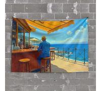Wall Tapestry A Man in A Blue Shirt and Hat Sits at an Outdoor Bar Overlooking The Ocean Tapestry Boys Bedroom Accessories Room Decore(75X100CM)