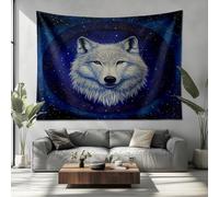 Wall Tapestry for Bedroom 80in x 60in White Wolf Head Pattern Tapestries Wall Hanging Living Room Dorm Fabric Decor Blue Pattern Wall Art Home Decoration Tapestry Poster, Beach Blanket