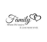 Wall Vinyl Sticker Decor Family is Where Life Begins Love Never Ends Text Photo Frame Heart Shaped Wedding 21x49.9cm Easy Installation Small Black