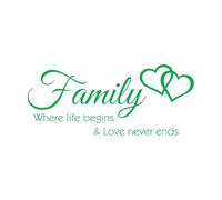 Wall Vinyl Sticker Decor Family is Where Life Begins Love Never Ends Text Photo Frame Heart Shaped Wedding 47.3x112.4cm Multiple Size Options Extra Large Green